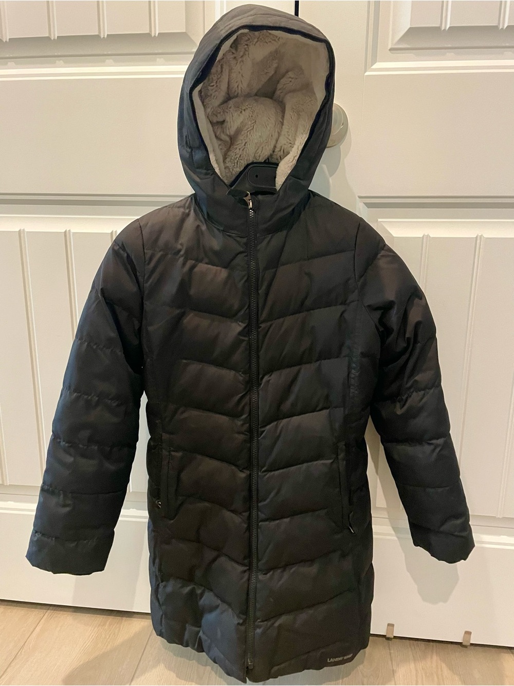 Lands' End Girls Black Fleece Lined Parka Puffer Jacket Primaloft Sz Large 10-12